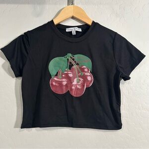 Honey Collection Black Cherry Graphic Crop Top Women’s Small Sweet Cherries Tee